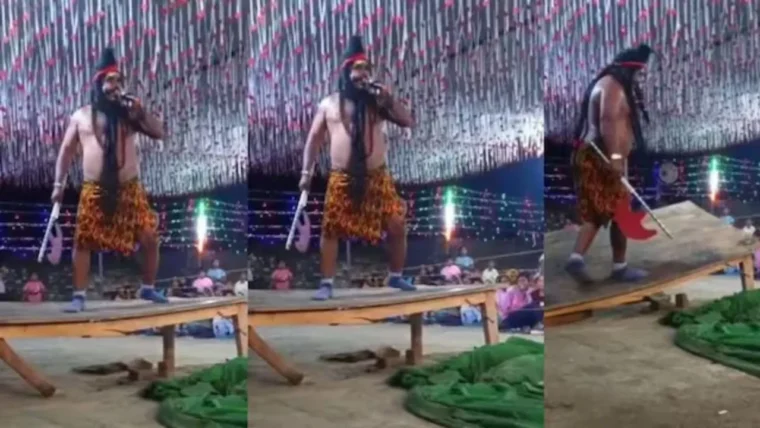 actor performing as lord parshuram on stage during viral play with partial stage collapse