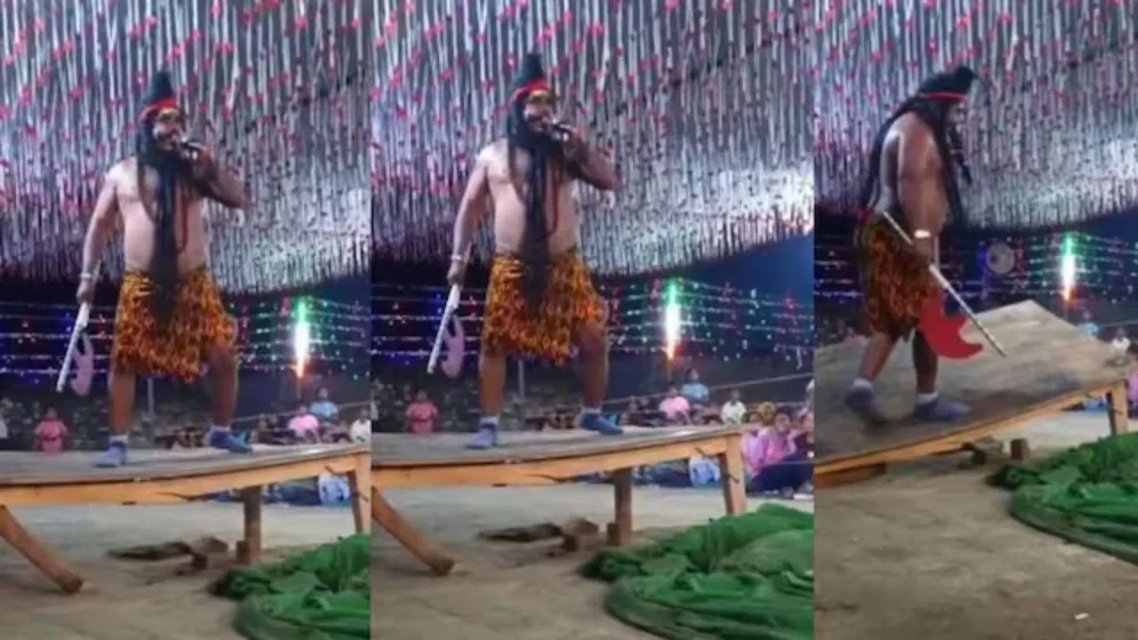 actor performing as lord parshuram on stage during viral play with partial stage collapse