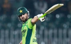 Salman Agha celebrating century in ODI against Sri Lanka