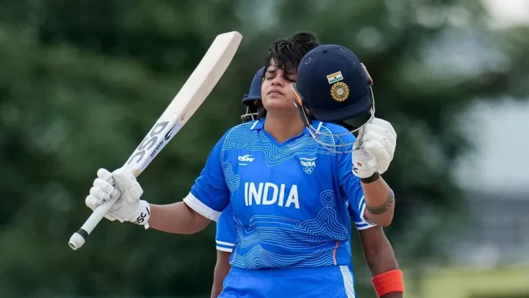Shafali Verma celebrating after scoring 55 runs against Zimbabwe in women's T20 cricket